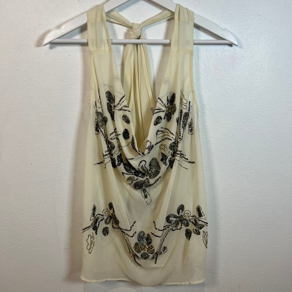 VTG Beaded Halter Draped Neck Sheer Tank Top Size S Oversized Sheer Y2K Cream